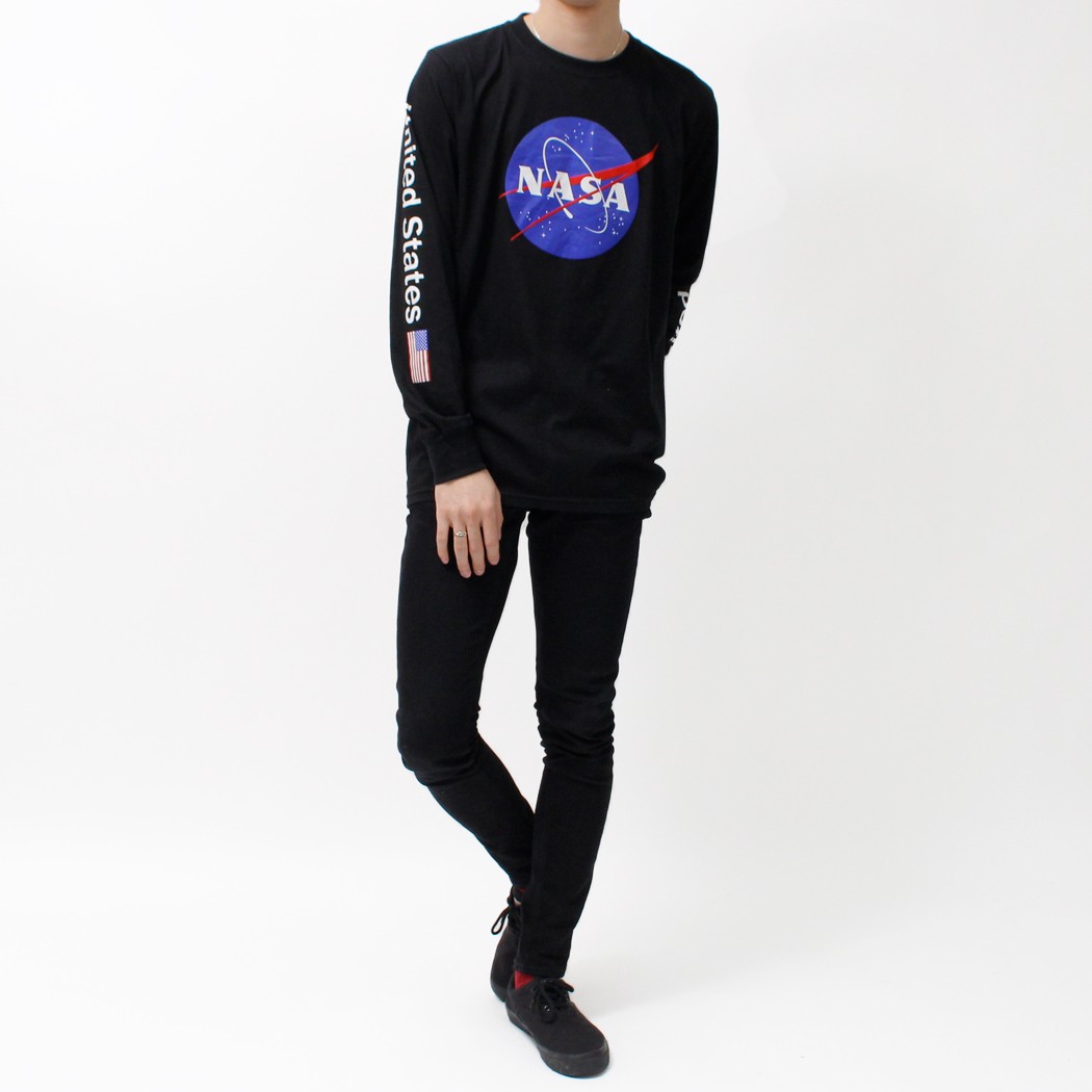 デザイン ロングＴシャツ NASA ナサ ビッグ ロゴ USA 袖プリント ブラック ミートボール 宇宙 agl-0010