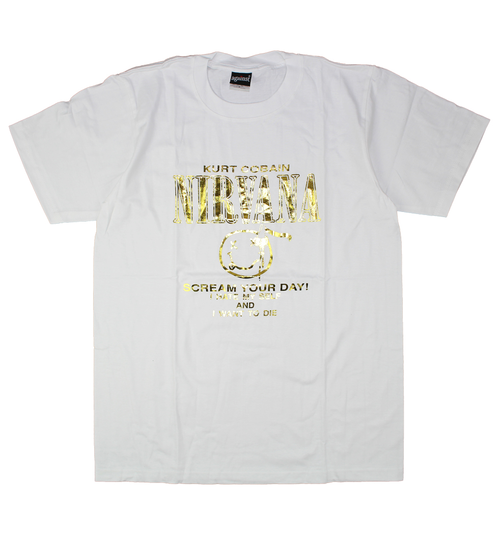ロックTシャツ Nirvana ニルヴァーナ KURT COBAIN ニコちゃん ゴールドパターン agt-0262