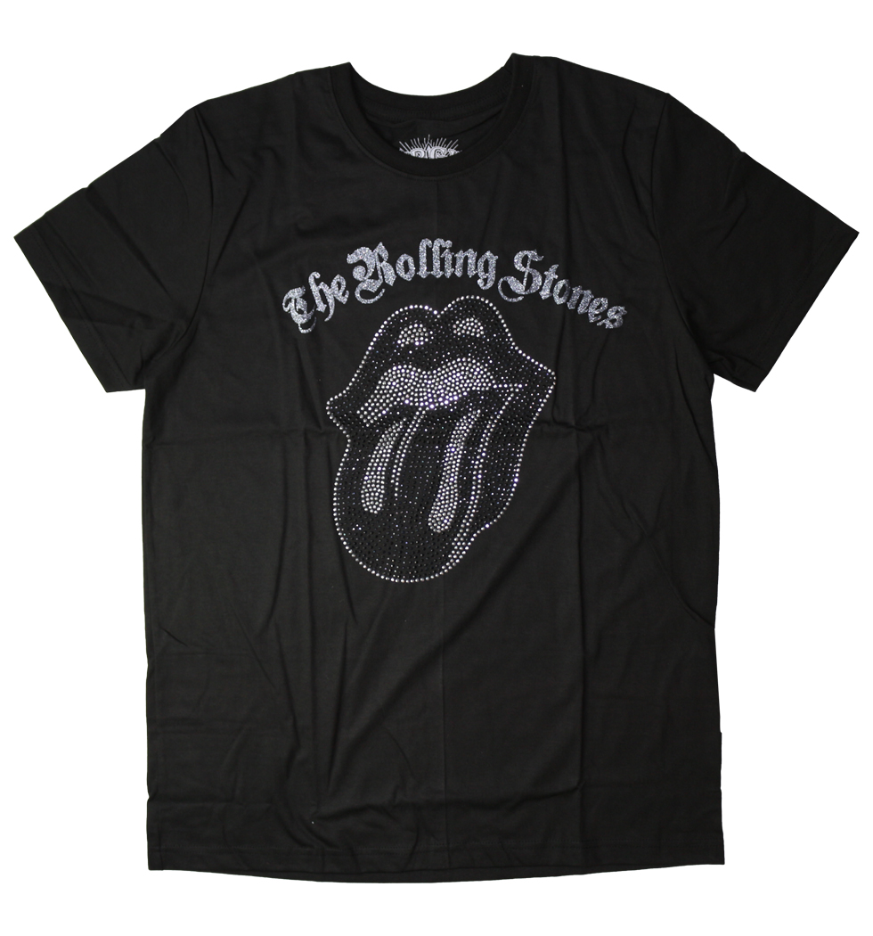 ラインストーン ロックTシャツ The Rolling Stones ザ ローリング ストーンズ 唇ロゴ tongue モノクロ rst-0016