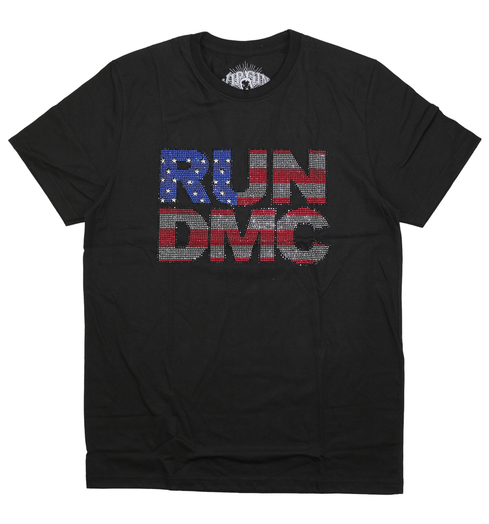 ラインストーン ロックTシャツ RUN DMC ロゴ 星条旗柄 rst-0035