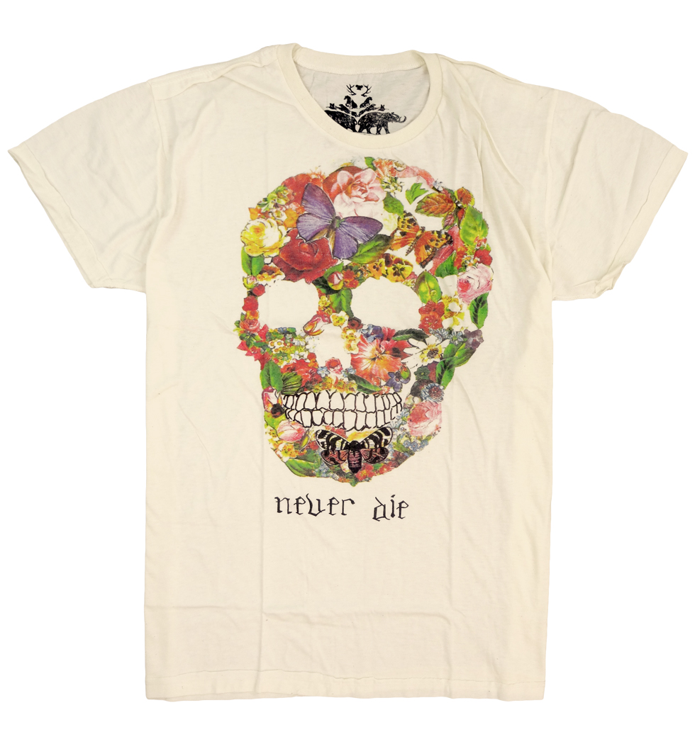 裏生地デザイン プリントTシャツ Flower Skull フラワー スカル ドクロ メンズ/レディース/半袖 wrk-0026